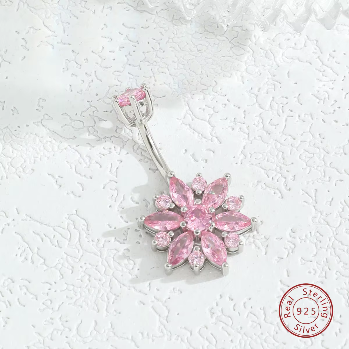 Bague nombril en argent regardé 925, barre de bouton, fleur rose, cubique, bijoux