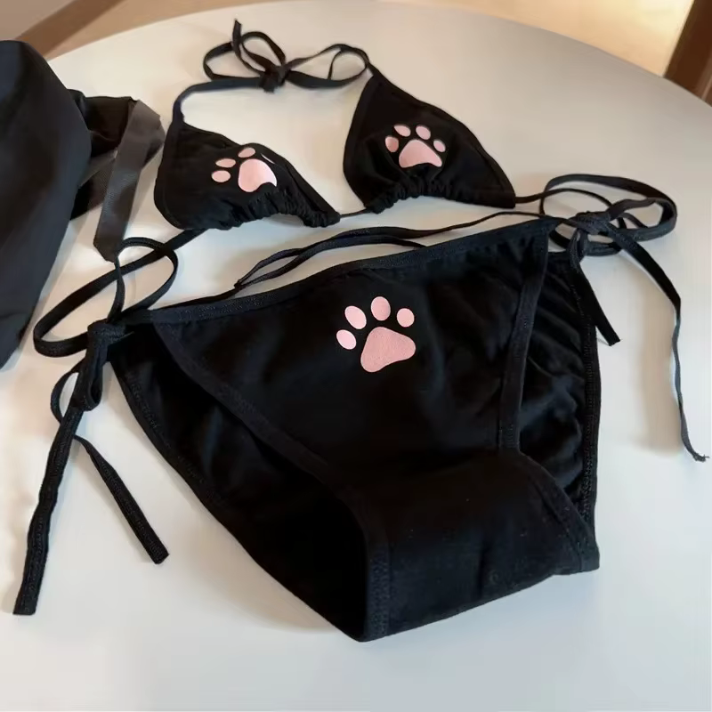 Ensemble de lingerie Lolita Kawaii à motif de griffes de chat pour femmes, soutien-gorge et culotte 