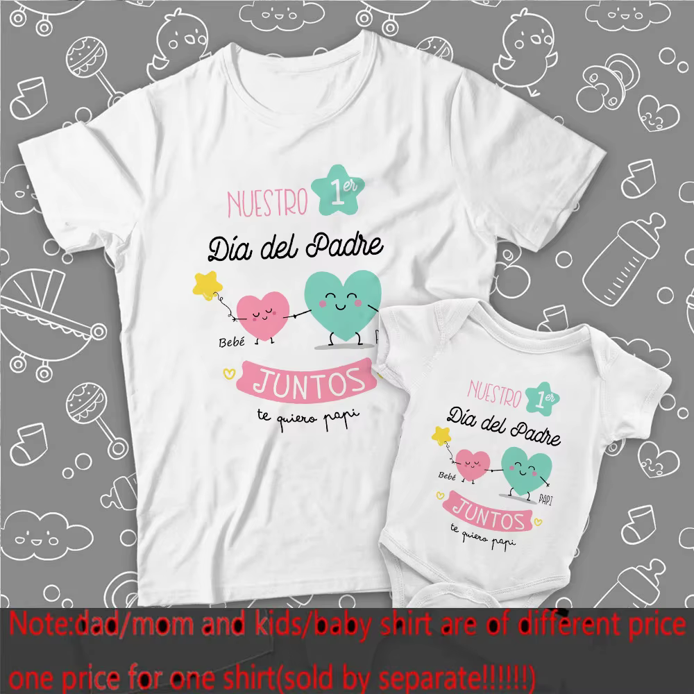 Notre première fête des pères, imprimé espagnol, vêtements assortis pour bébé et papa, t-shirts pour