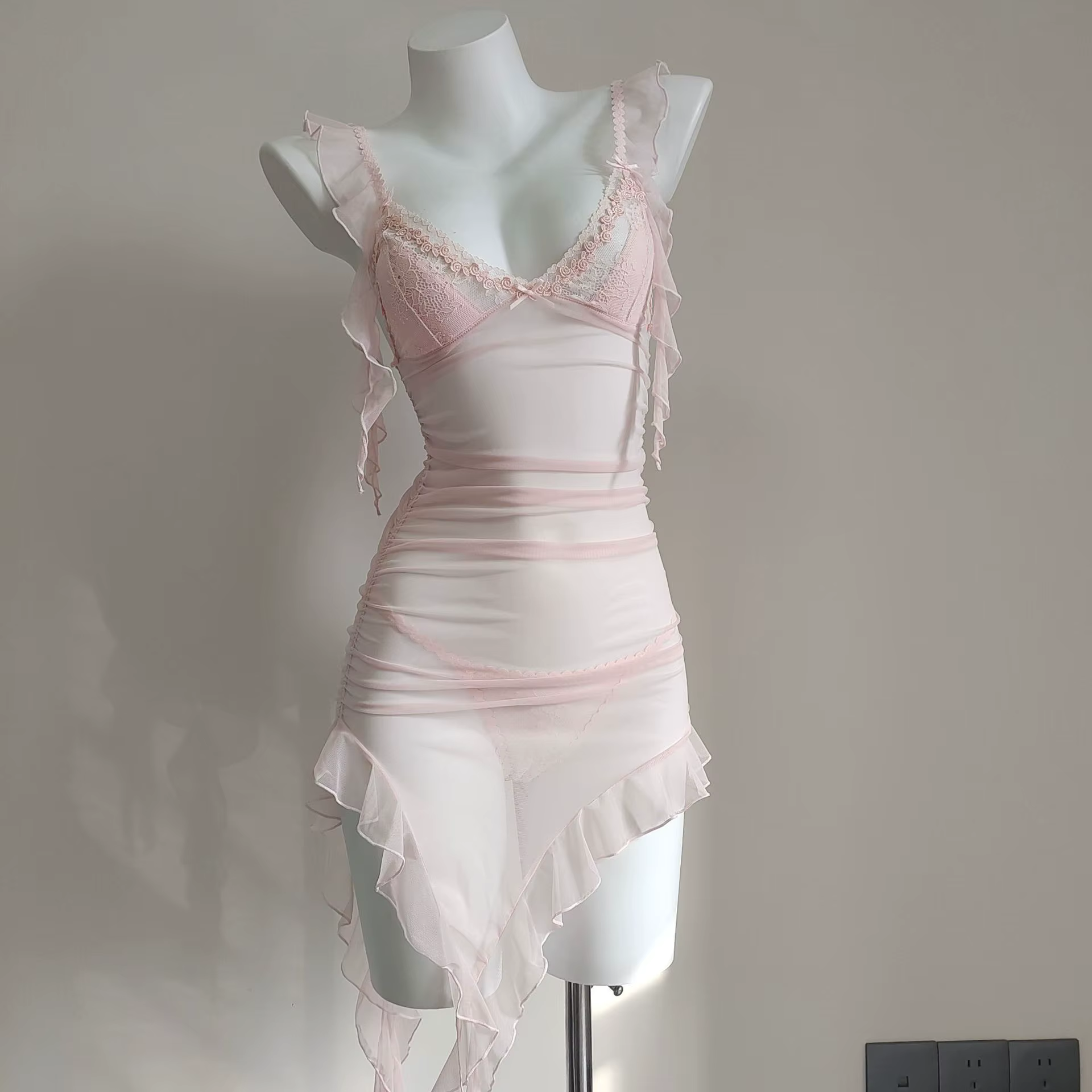 Robe de nuit à bretelles pour femmes, nouveau Design, plis irréguliers, maille fine transparente, co