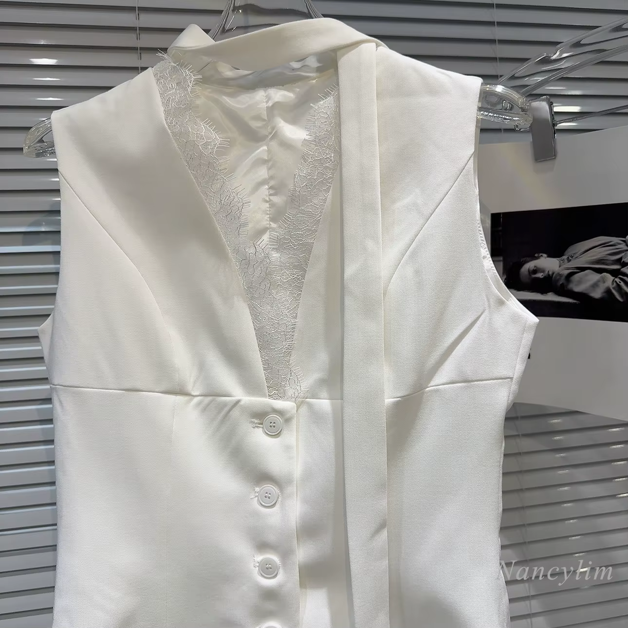 Haut à col en V avec coutures en dentelle pour femme, simple boutonnage, glaçage imbibé socialite, h