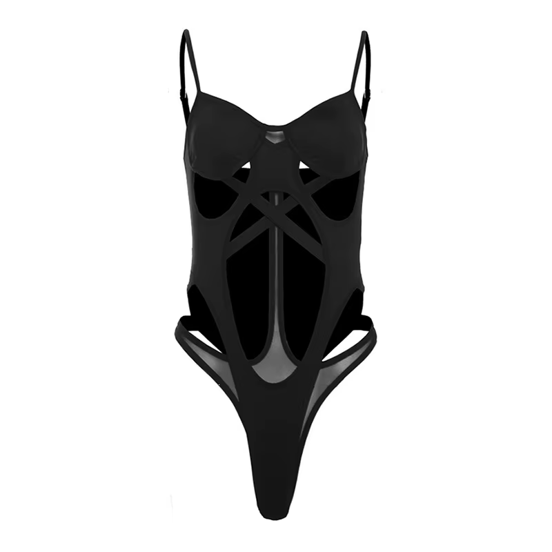 [You're My Secret] Combinaison noire sexy à découpes pour femme, body marron à bretelles pour club d