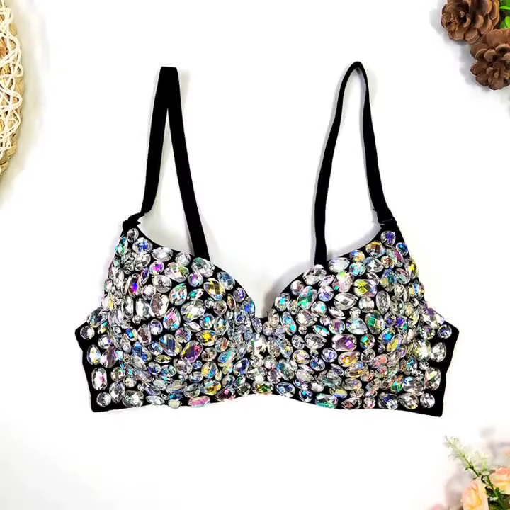 Femmes Bling Bling Performance Costume soutien-gorge acrylique strass Bustier Sexy perles Corset bri