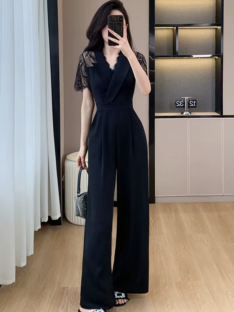 SMTHMA-Combinaison en dentelle à manches courtes pour femmes, nouvelle mode, patchwork, taille haute
