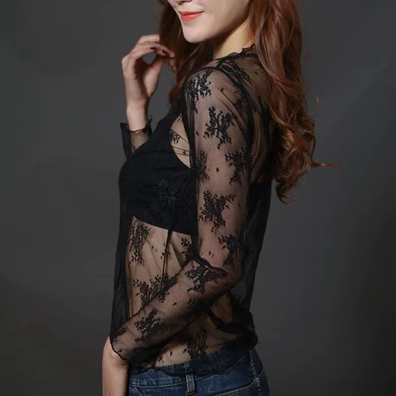 Chemisier à fond en dentelle pour femmes, T-shirt à manches longues en maille, haut court, Style étr