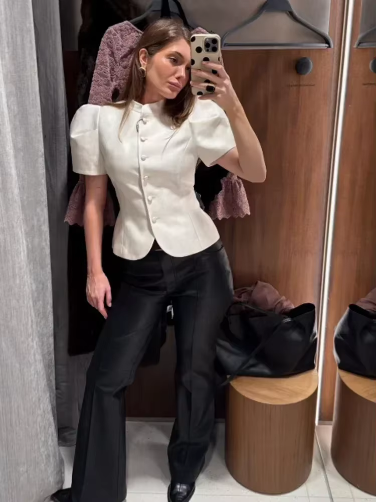 Chemise élégante à manches lanternes pour femme, col montant, coupe ajustée, nouvelle collection, dé