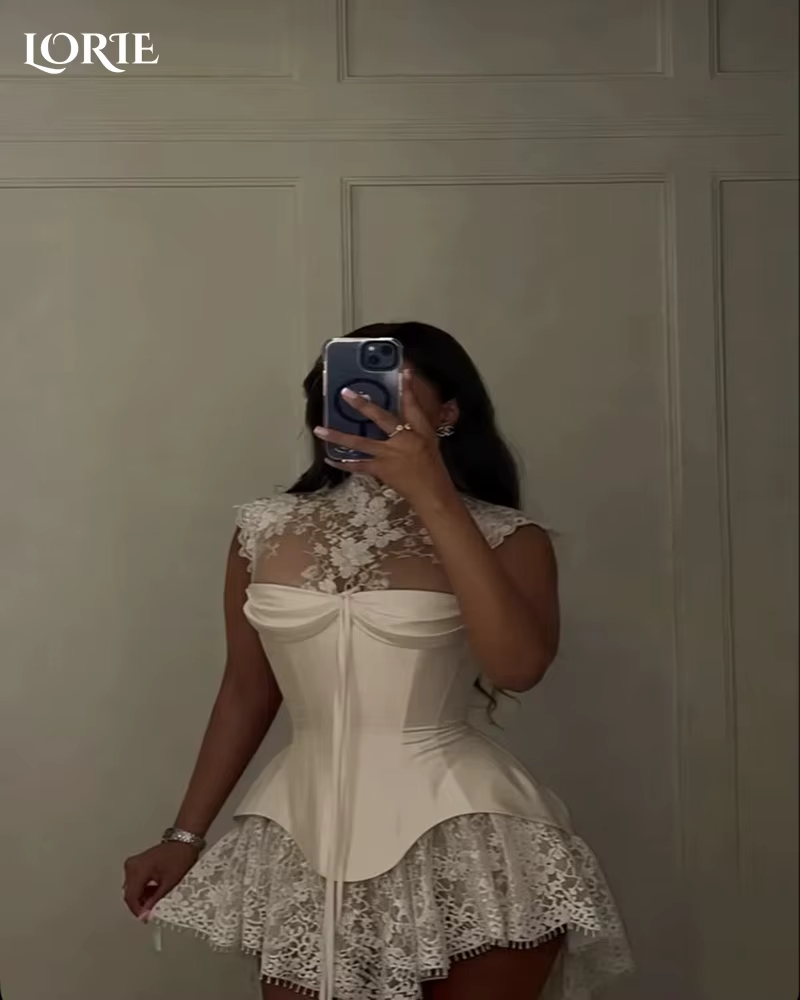 LORIE – Mini robes de mariée sexy en dentelle, col haut, appliques, manches longues, robes de mariée