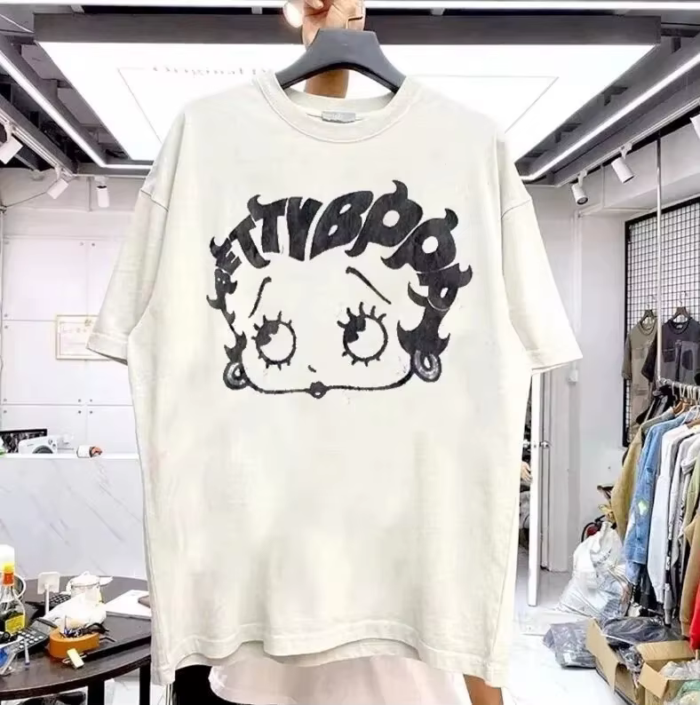 T-shirt graphique Betty Boop été 2026 en pur coton à manches courtes, style rétro blanc unisexe, pou
