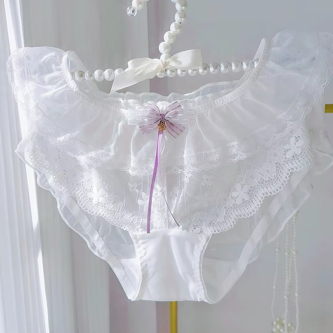 Lolita – culotte en maille et dentelle à volants, Sexy et aérée, avec une taille basse et un nœud do