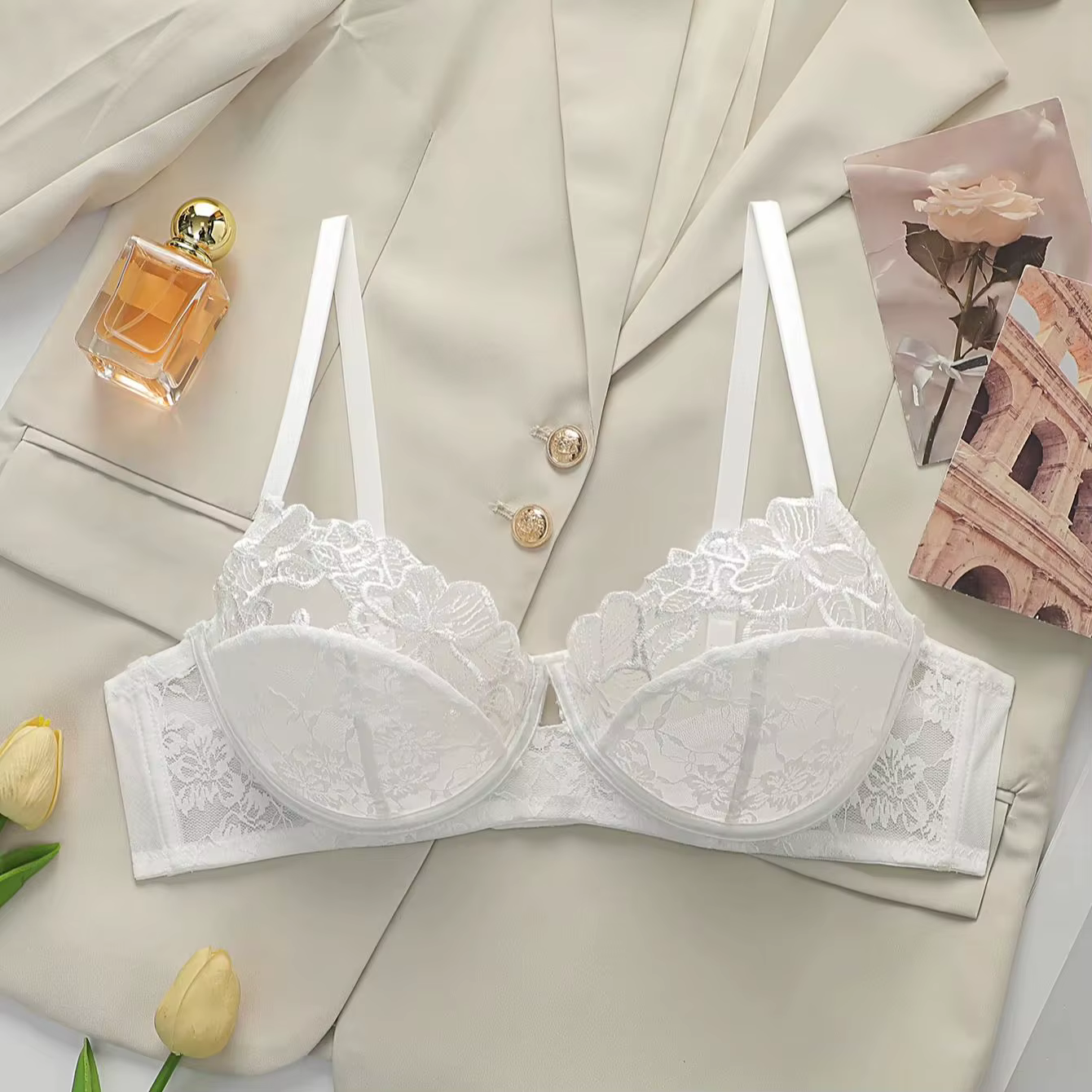 Soutien-gorge balconnet blanc en dentelle florale pour femme, avec armatures, demi-bonnet, lingerie