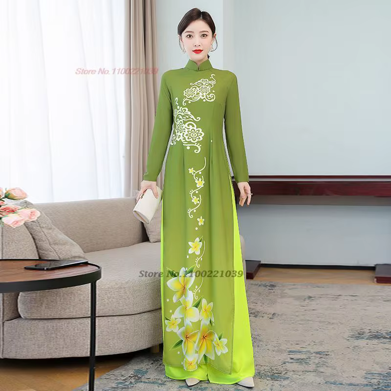 Robe aodai vietnamienne pour femmes, imprimé floral traditionnel, vintage, élégante, qipao + pantalo