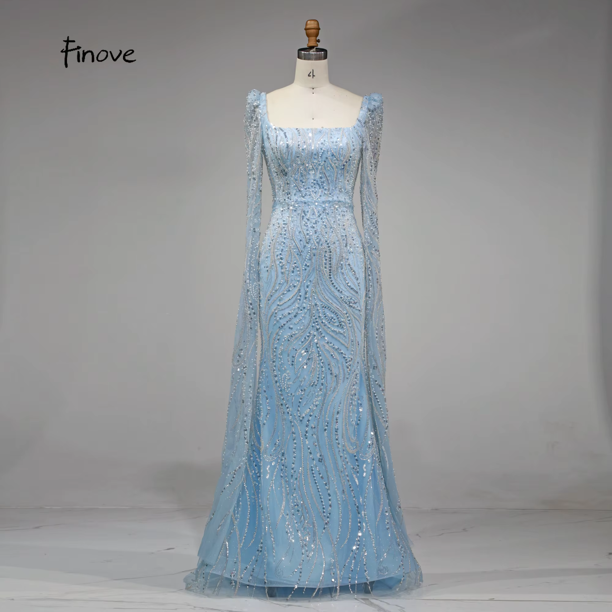 Robe de soirée sirène bleue, motif abstrait, col carré, exquise, longueur au sol, manches longues, p