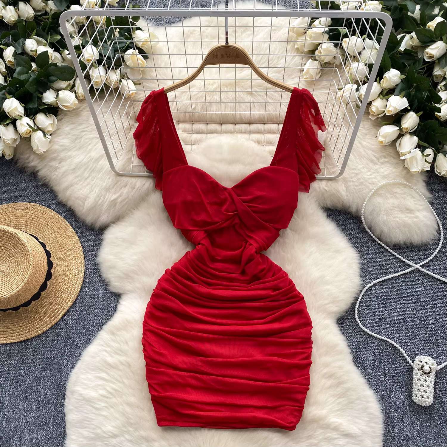 Foamlina robe de soirée Club femmes 2025 mode d'été solide col en V manches volantes taille haute pl