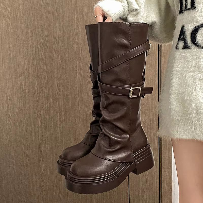 Vintage talon épais femmes chevalier bottes longues mode sans lacet genou chaussons hauts automne hi