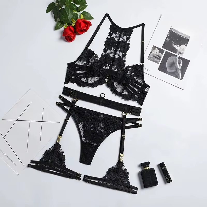 Ensemble de Lingerie Sexy 5 Pièces pour Femme, Soutien-gorge à Armatures, String, Broderie Florale, 