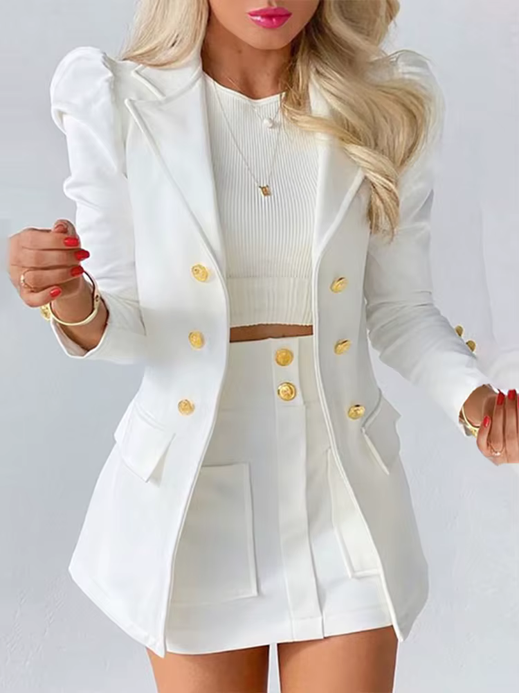 Ensemble Deux Pièces pour Femme, Tenue de Bureau, Couleur Unie, Manches Bouffantes, Jupe à lèvent Ta