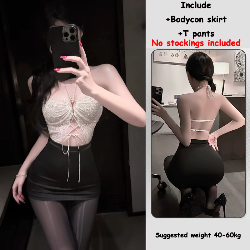 Ensemble de lingerie sexy pour cosplay de secrétaire de bureau, haut en dentelle à bretelles perlées