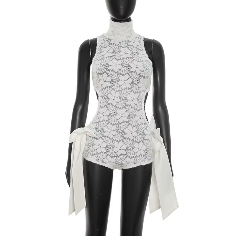 Combinaison moulante sexy à col roulé en dentelle pour femme, style Y2K, évidée, sans manches, pour