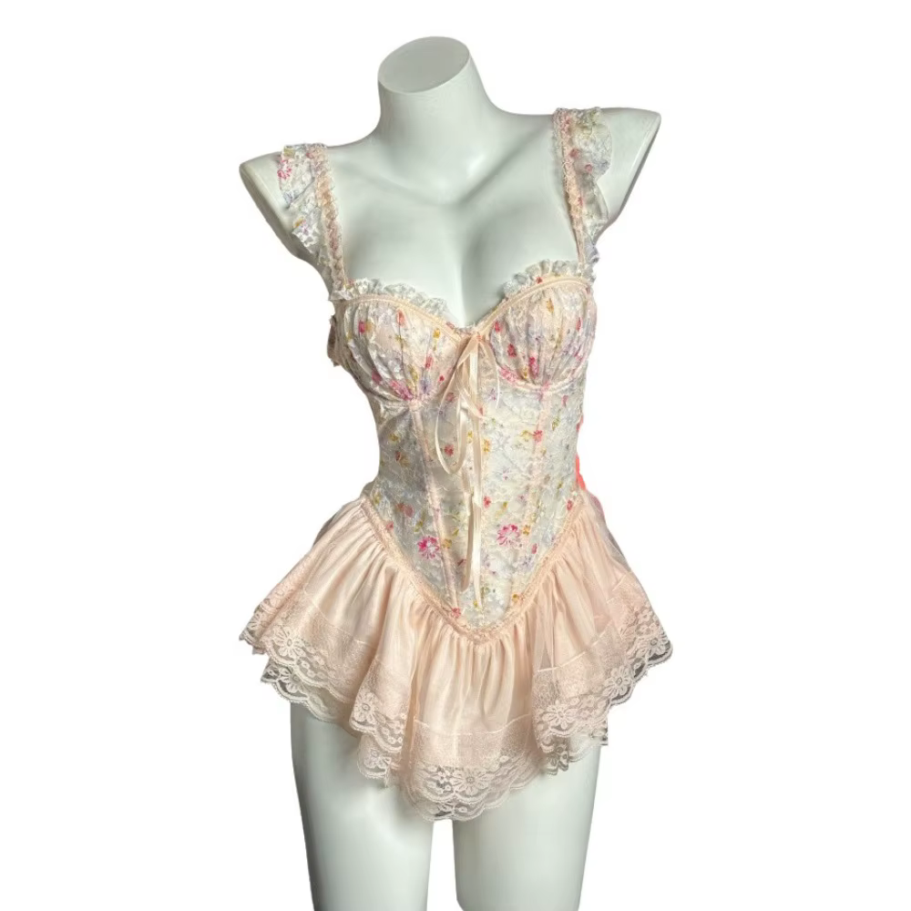 Chemise de nuit fine et élégante en dentelle, dos nu avec coussinets de poitrine, sans manches, pyja