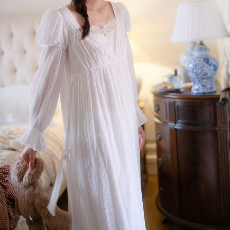 Princesse dentelle blanche longue mi-mollet chemises de nuit printemps manches longues français col 