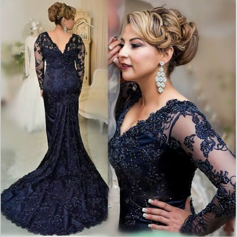Robe sirène en dentelle bleu marine pour mère de la mariée, manches longues, col en V, appliques, ro