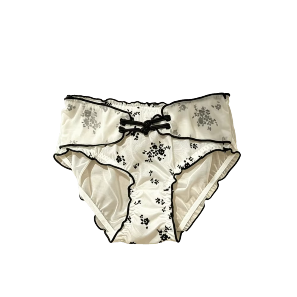 Culotte Femme Taille Basse Style Chinois avec Volants et Boucles, en Maille Transparente et Soie Gla