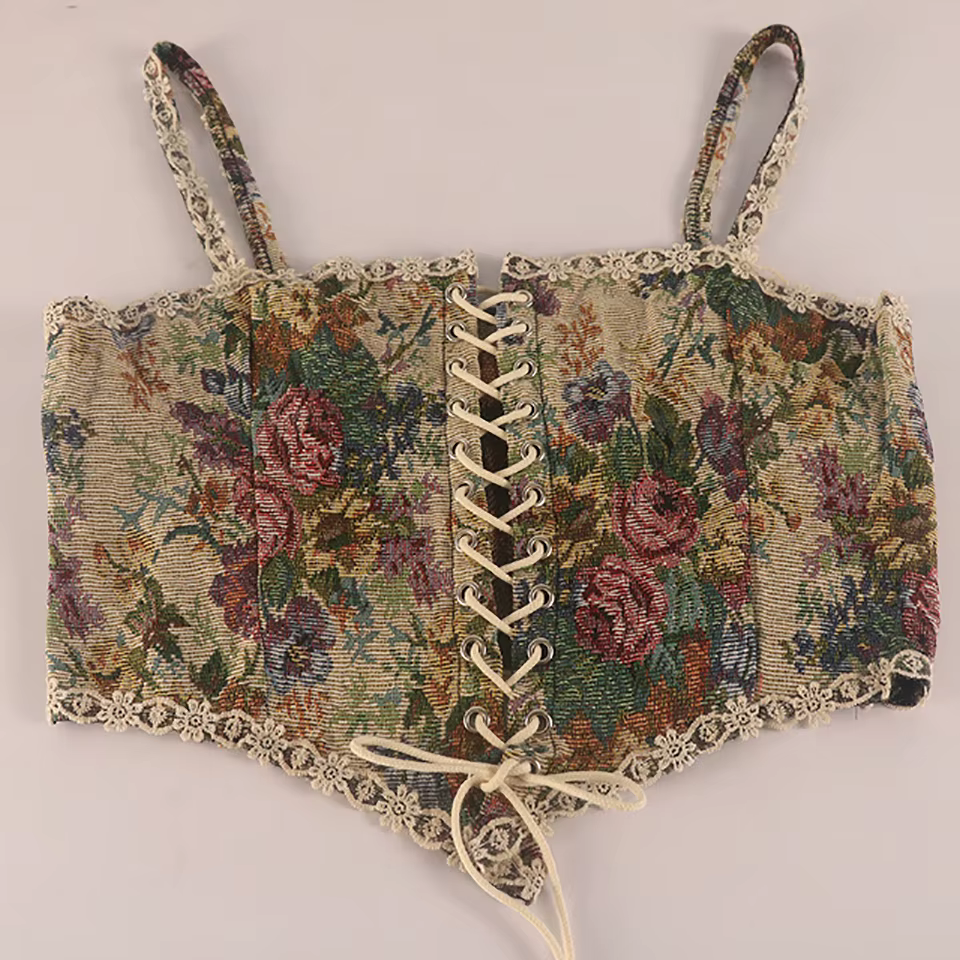 Mignon Vintage Floral Jacquard Corset broderie haut bustier rétro arête de poisson à lacets Corset R