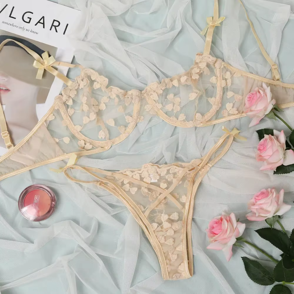 Yimunancy coeur broderie ensemble de Lingerie femmes 2 pièces Transparent nœud soutien-gorge + bref 