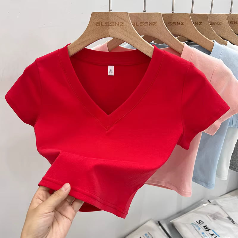 T-shirt court moulant chic et polyvalent pour femme, col en V, couleur unie, manches courtes, été 20