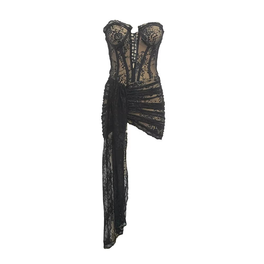 Mini robe sexy en dentelle noire avec jupe drapée – Robe de soirée élégante et audacieuse