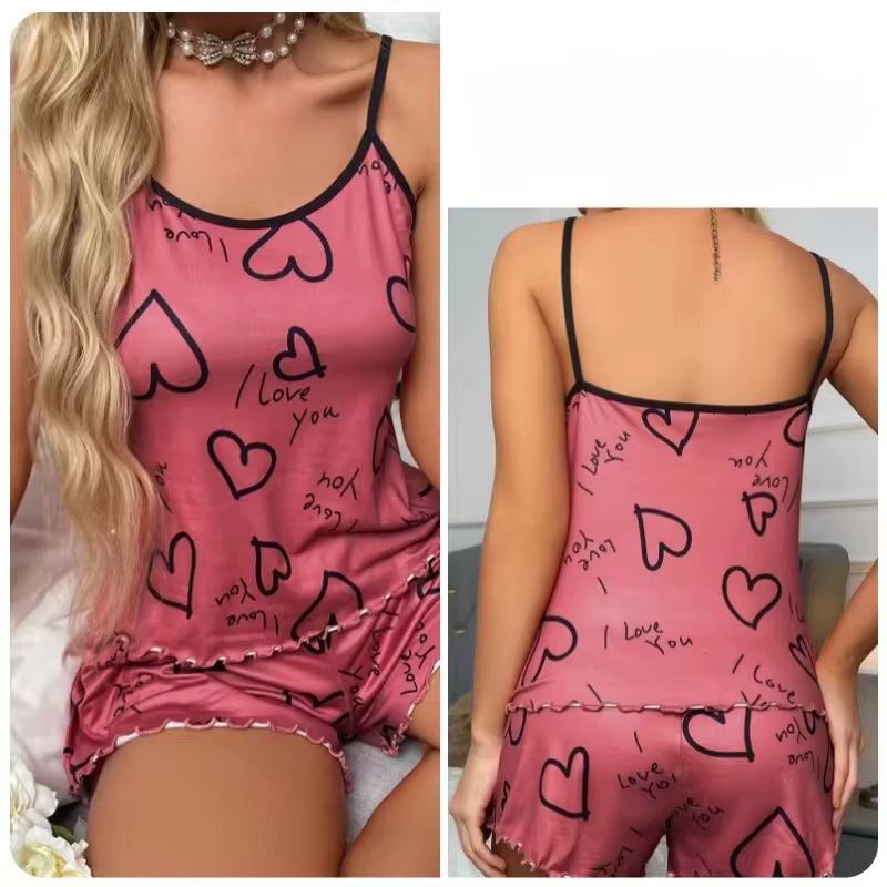 Ensemble pyjama imprimé en forme de cœur pour femmes, sexy, gilet plissé en soie, short, doux et con