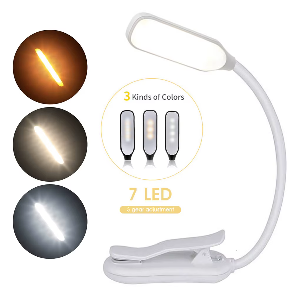 Lampe de lecture Mini 7 LED, Rechargeable, 3 niveaux, blanc chaud et froid, Flexible, facile à clips
