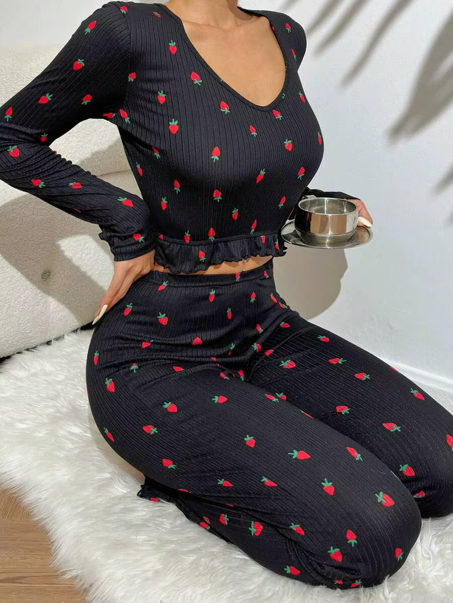 Pyjama décontracté pour femmes, vêtements de nuit Sexy, manches longues, col en v, imprimé, haut cou