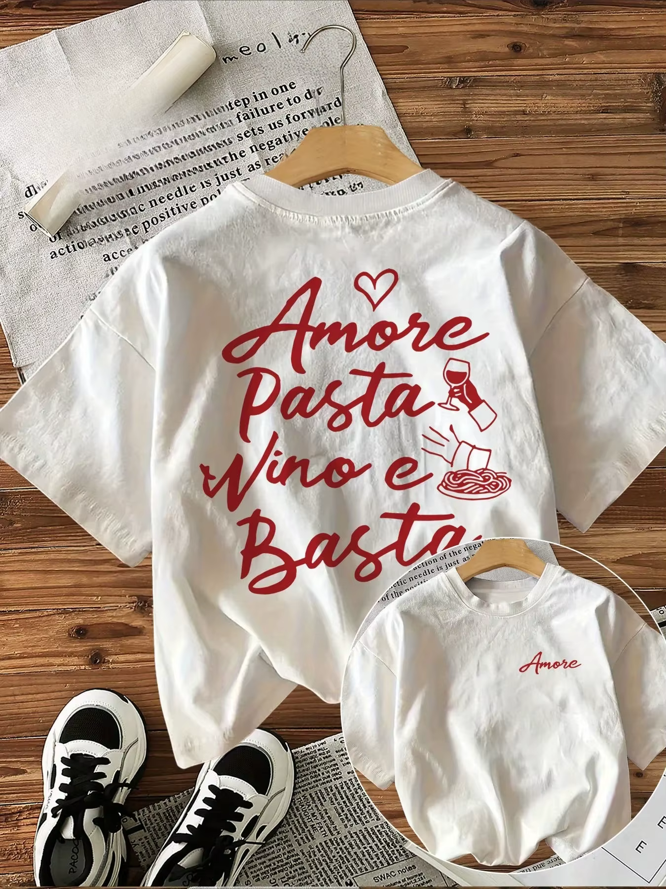 T-shirt pour femme avec motif italien « Amore Pasta Vino E Basta » (Love Pasta, Wine, and That's Eno