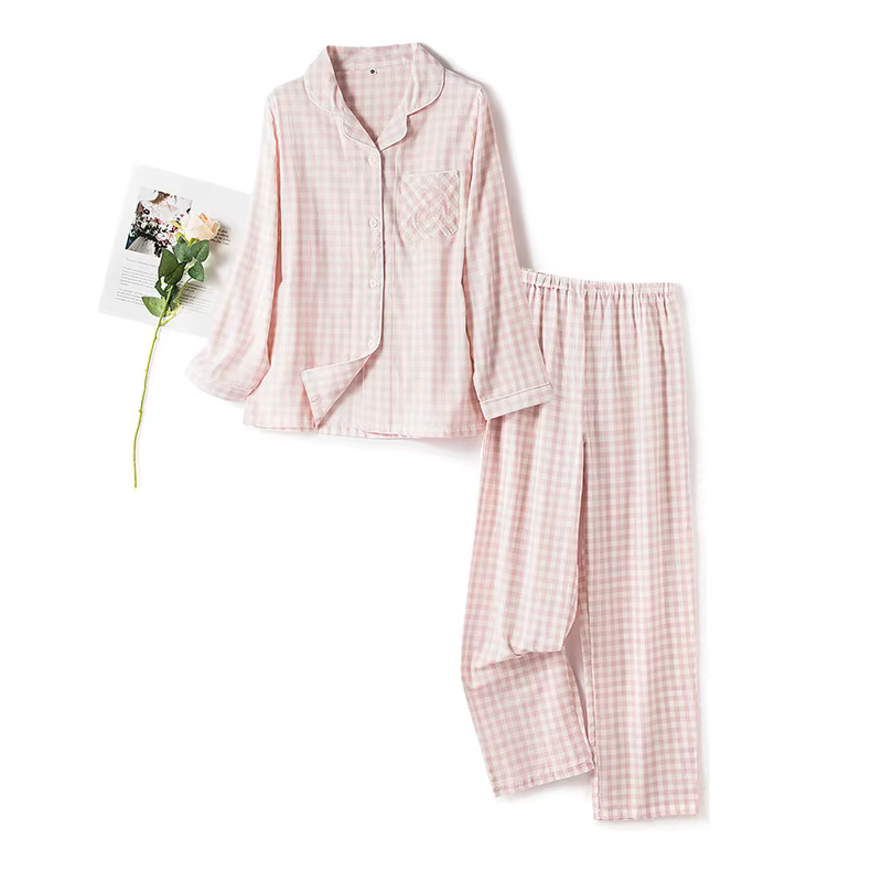 Ensemble de pyjama en coton pour femmes et hommes, cardigan à revers confortable, pantalon à carreau