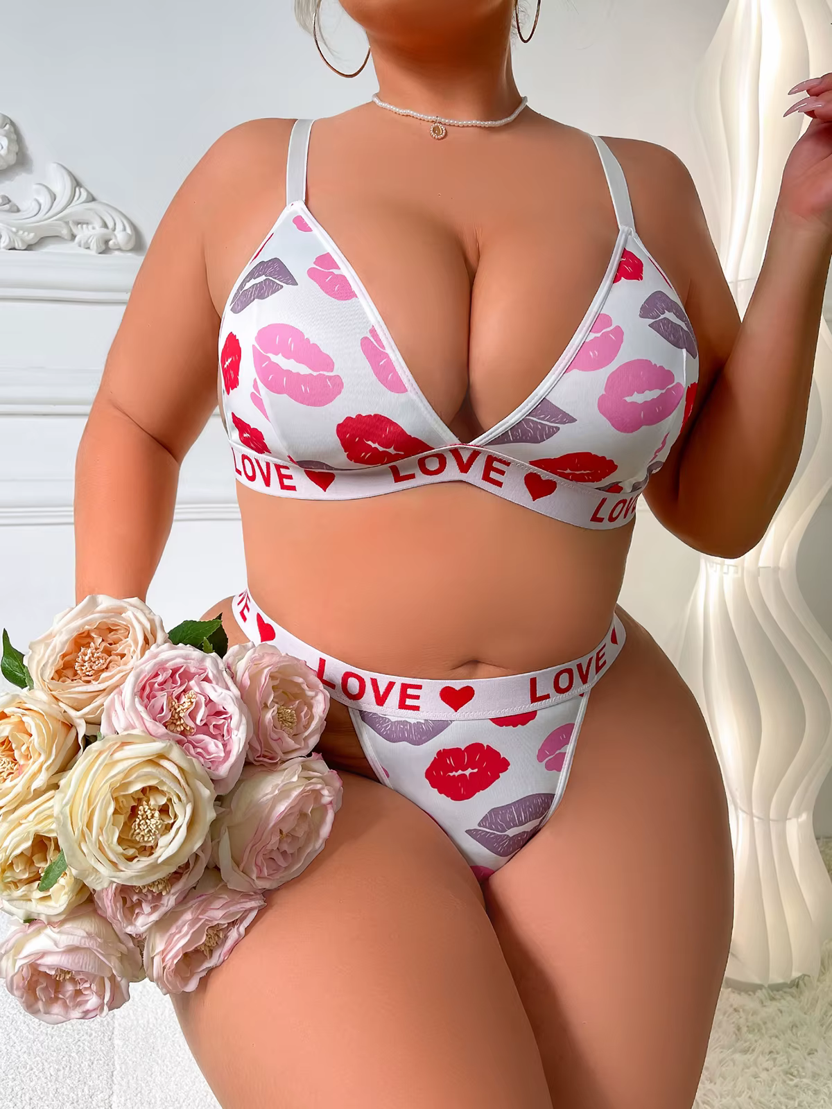 Ensemble de Lingerie Sexy imprimé lèvres pour femmes, Bralette et string à bonnets triangulaires fra