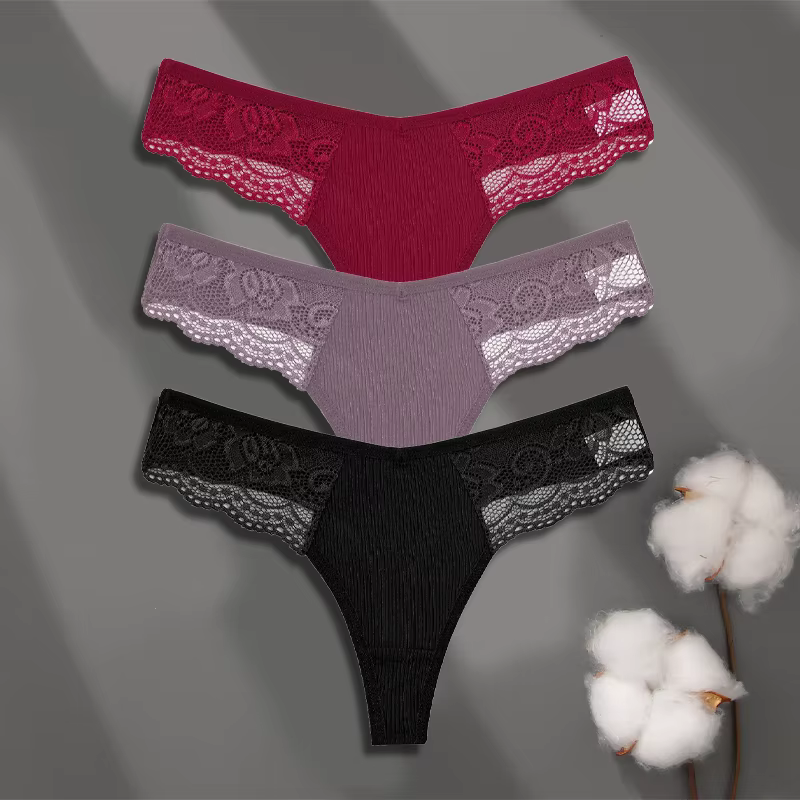 FINETOO-Sous-vêtements en coton pour femmes, 3 pièces, string en dentelle, sexy, couleur unie, taill