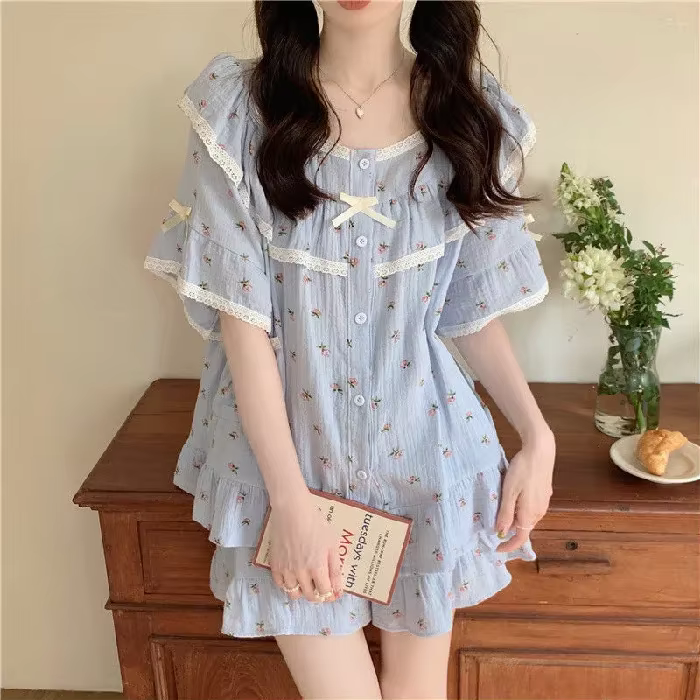 Nouvel ensemble de pyjama d'été pour femme style princesse, doux, avec dentelle et petites fleurs, m