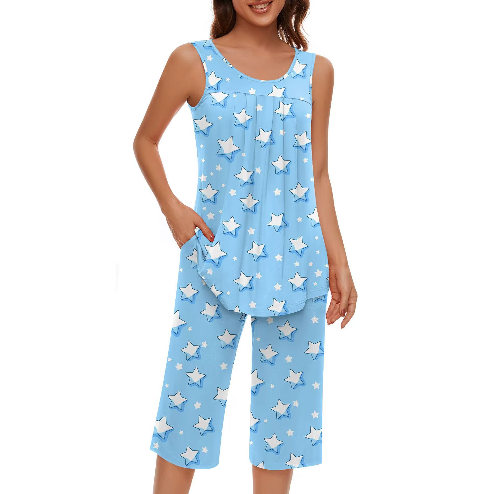 Vêtements de nuit pour femmes, ensemble deux pièces, débardeur sans manches doux et pantalon Capri,