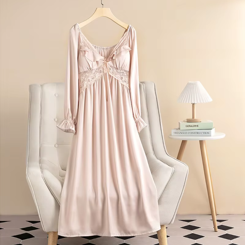 Chemise de nuit en patchwork de dentelle longue pour femmes, vêtements de nuit à manches longues, vê