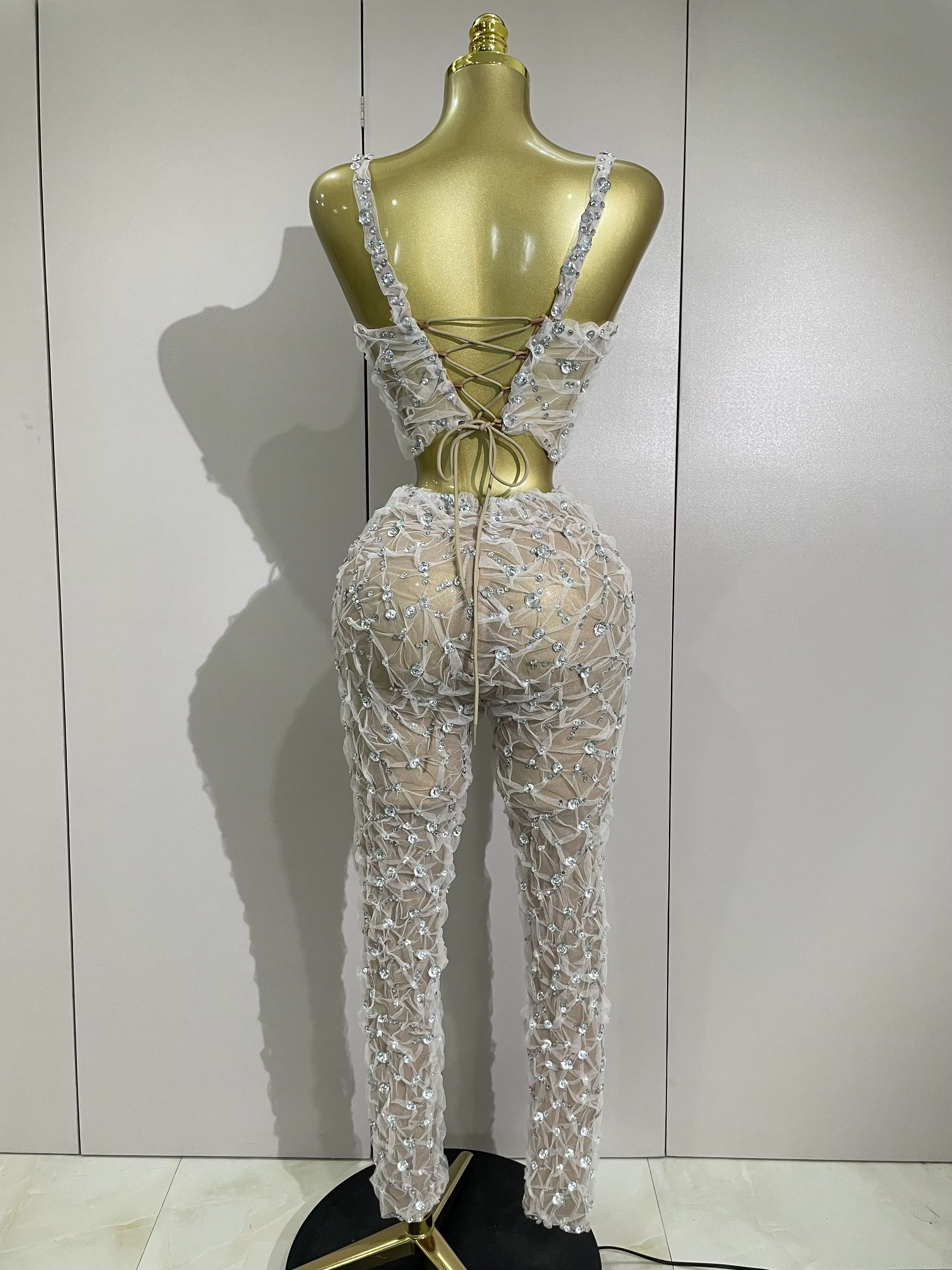Ensemble deux pièces Sexy en dentelle pour femmes, haut à licou + pantalon Long, épissure de diamant