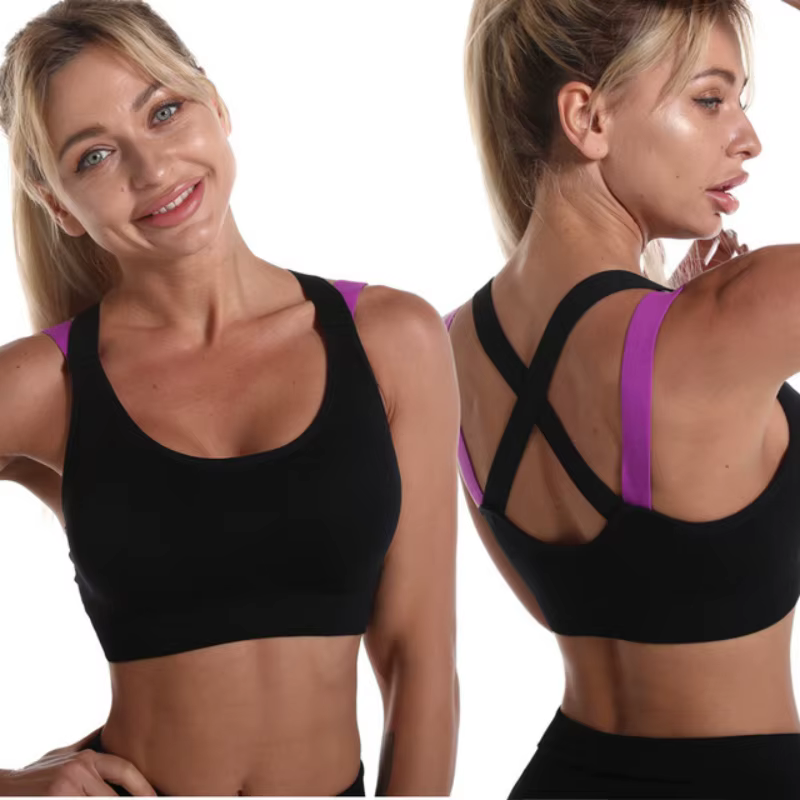 Soutien-gorge de sport croisé à blocs de couleur, beau dos, sans anneau en acier, gilet de Yoga, pro