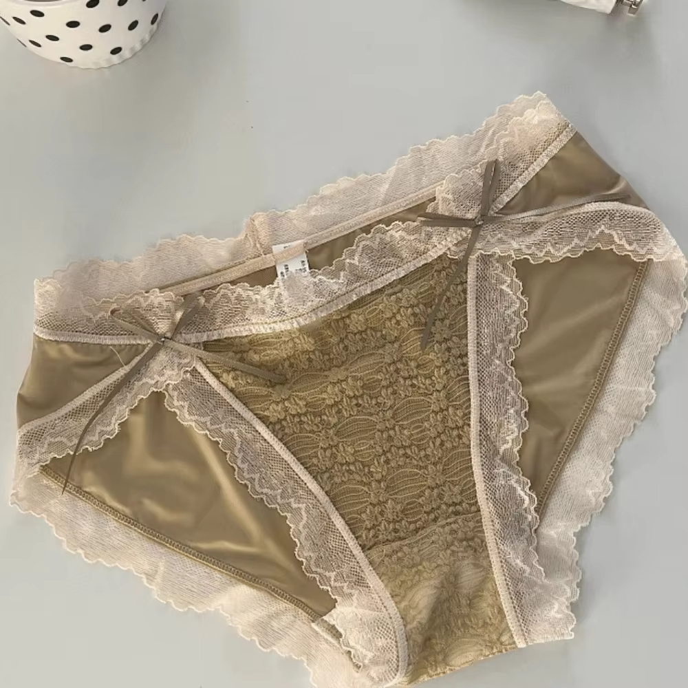 Culottes en dentelle taille basse avec nœud en soie glacée et maille, lingerie pour femme