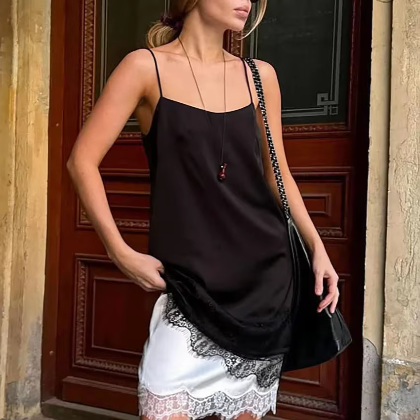 Robe à bretelles en dentelle noire pour femmes, sans manches, superposée, vêtements de nuit élégants