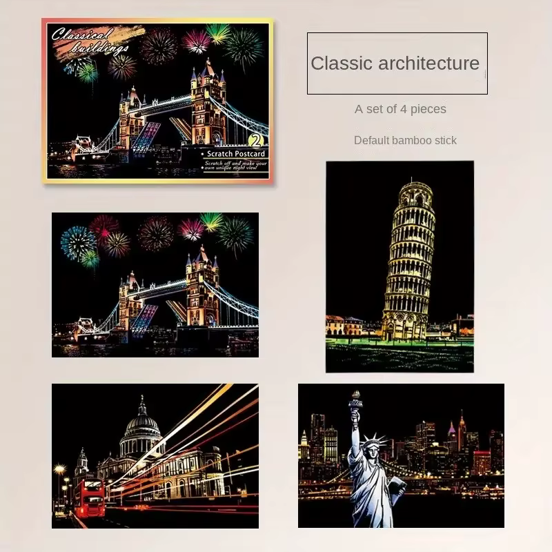 Scène de nuit, Art à gratter, Architecture de paysage urbain, Clip Art, Style carte postale, Art à g