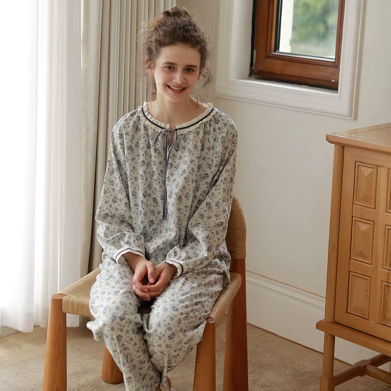 Pyjama à fleurs pour femmes, avec dentelle, cordon de serrage, col, manches longues évêque, ensemble