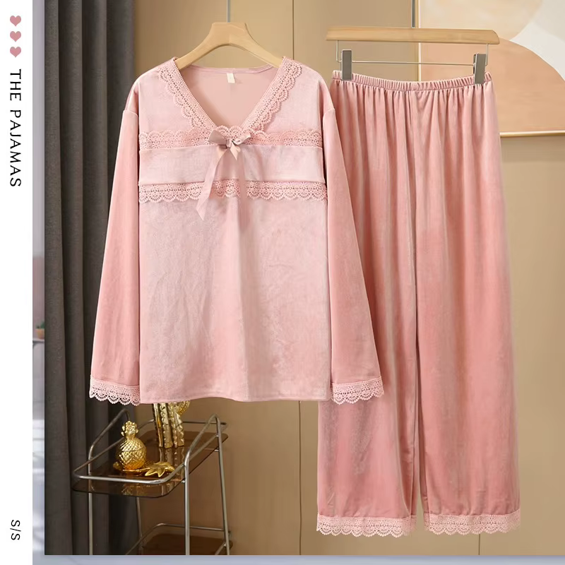 Sexy velours 2 pièces PJS ensemble vêtements de nuit féminins vêtements de maison Jacquard Pijamas c