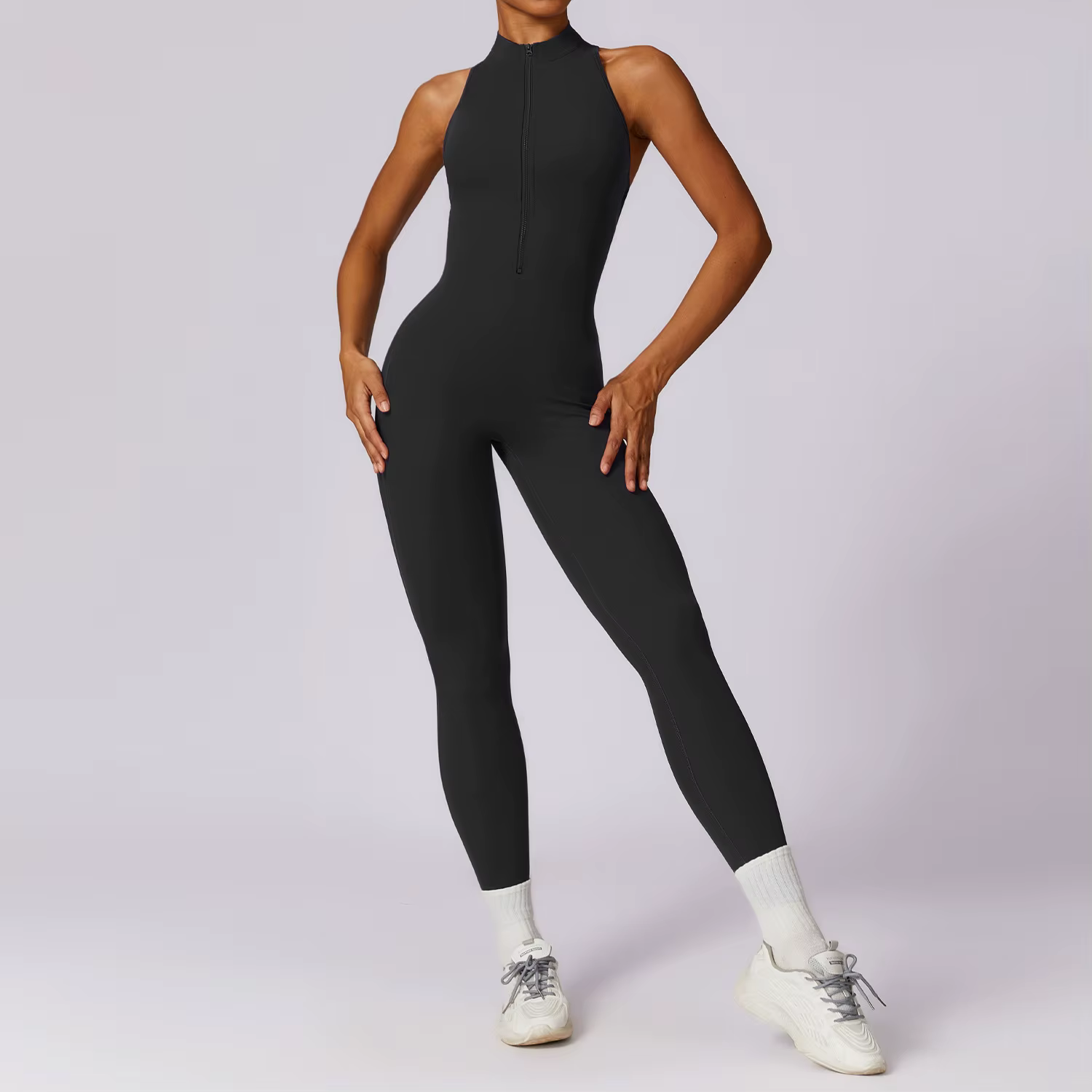 Combinaison de sport une pièce pour femme, dos en V, sans manches, avec fermetures éclair, pour yoga