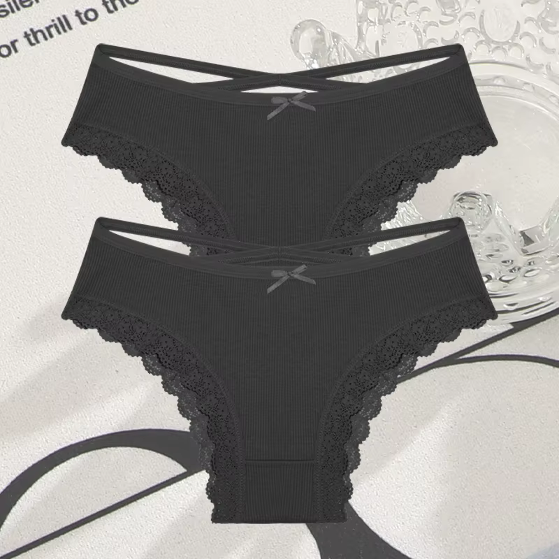 2 pièces culottes en coton pour femmes Sexy dentelle slips brésiliens femme taille basse sangle croi