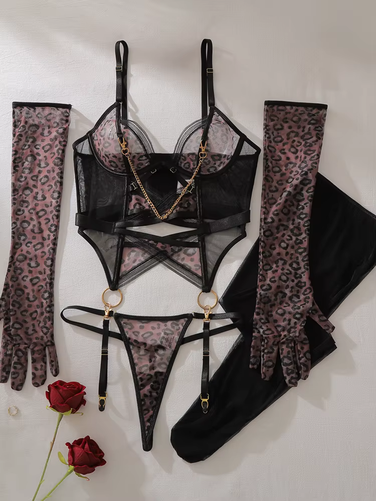 Ensemble de lingerie sexy transparente motif léopard avec gants en maille élégants, tenue de nuit sc